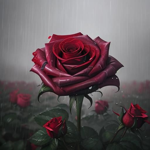Hyperrealistic Rose Garden in Misty Rain
