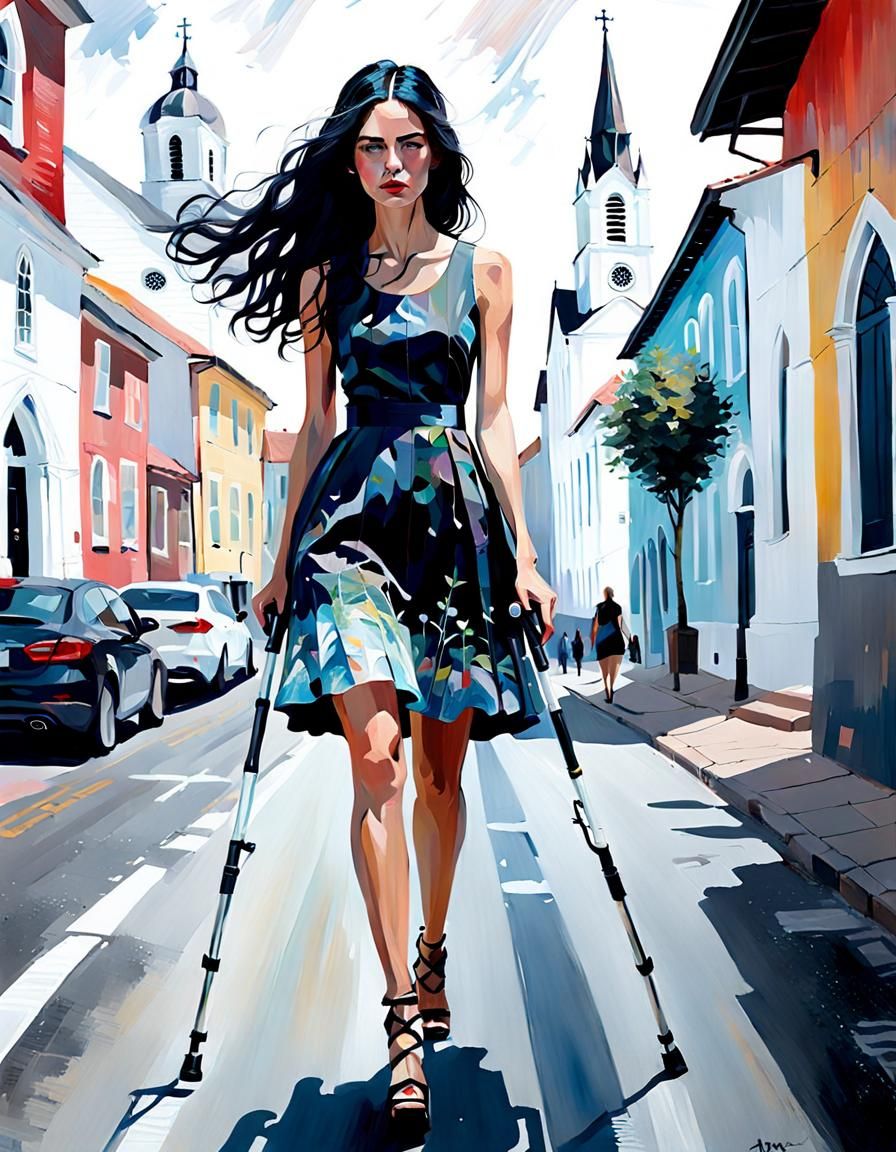 Amputee Woman Walking with Crutches as Impasto Painting