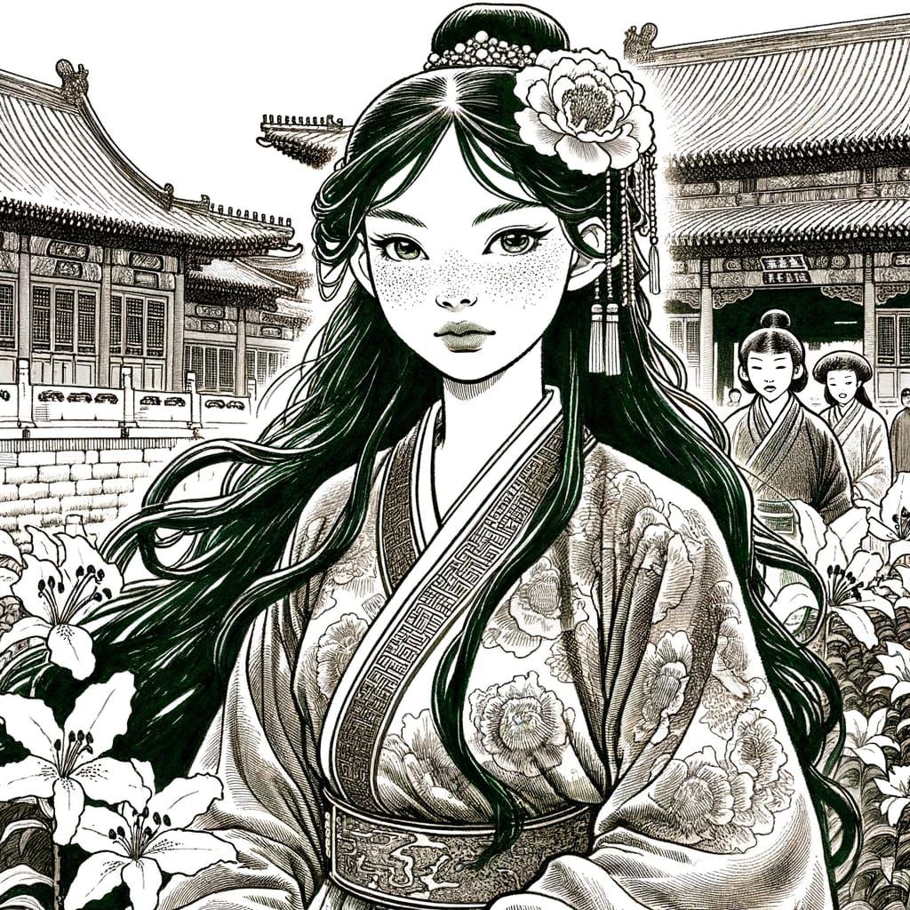 Beautiful Maiden in Traditional Chinese Attire Walks through...