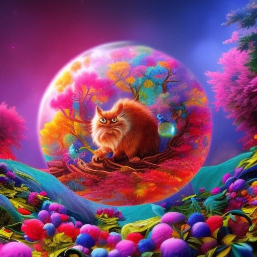 Colorful Cheshire Cat Illustration with Bubbles