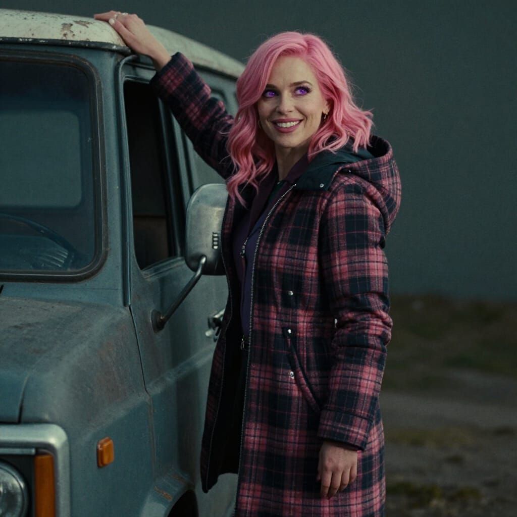 Pink Haired Woman On Old Truck In Winter Coat