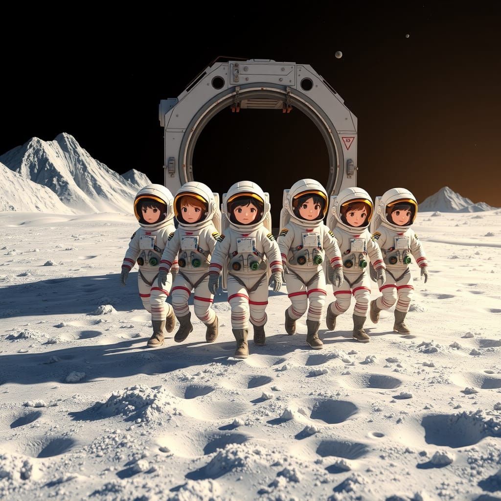 Children's First Steps on the Moon in Anime Style