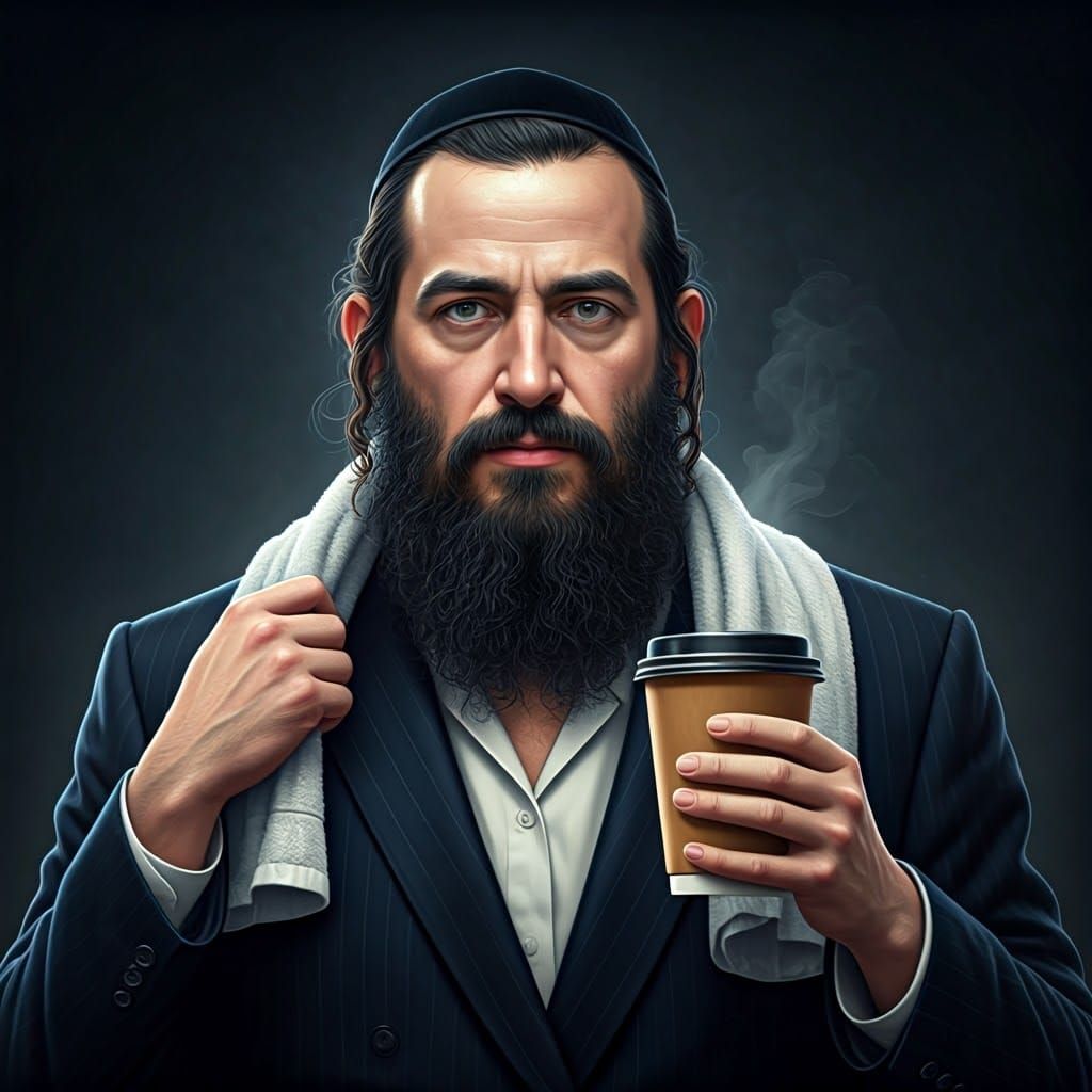 Hasidic Jew with Coffee: Anime-Inspired Portrait