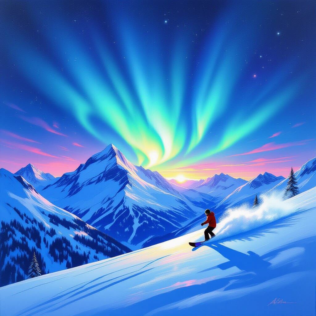 Snowboarder on Mountain Under Aurora Borealis Sky