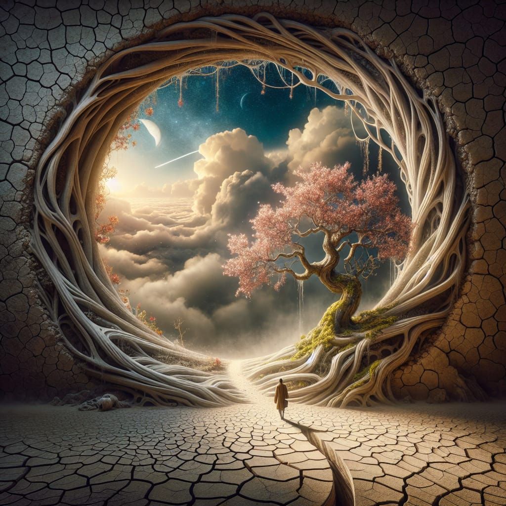 Surreal Portal Scene with Blossoms and Clouds