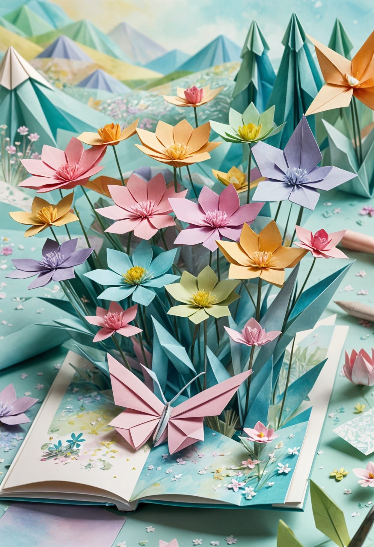 Delicate Origami Flowers in Landscape Papercraft