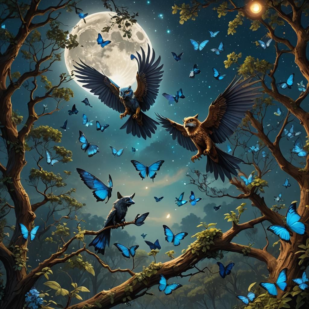 Magical Gryphon and Flying Fox Under Starry Sky