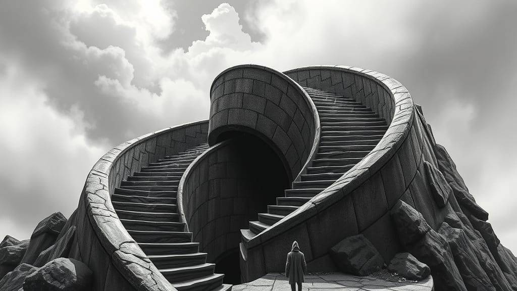 Surreal Figure Stands at Foot of Twisted, Organic Staircase ...