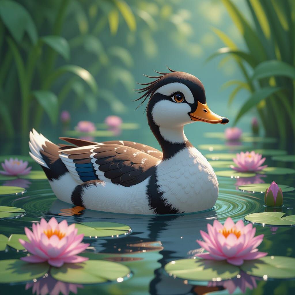 Majestic Duck Among Water Lilies in 3D Anime Style