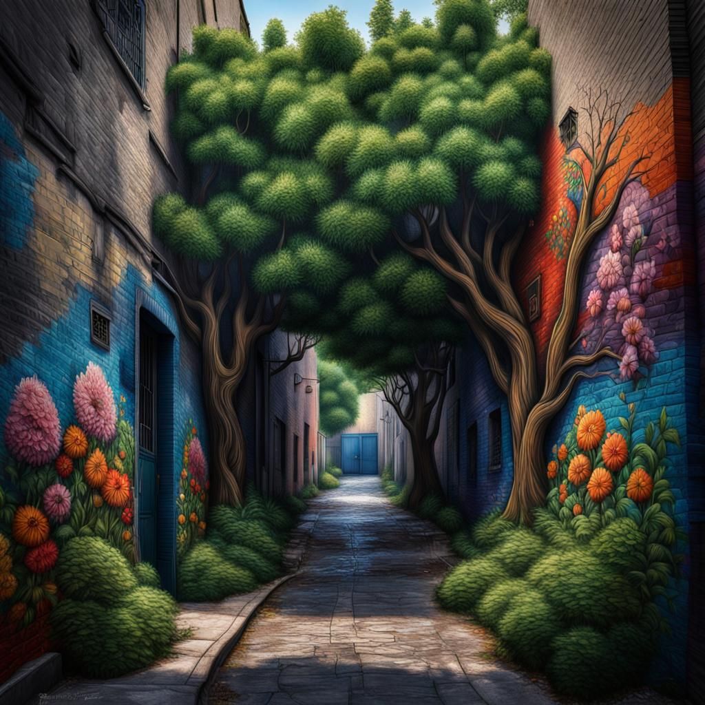 Hyperrealistic Alleyway Mural of 2D Trees and Flowers