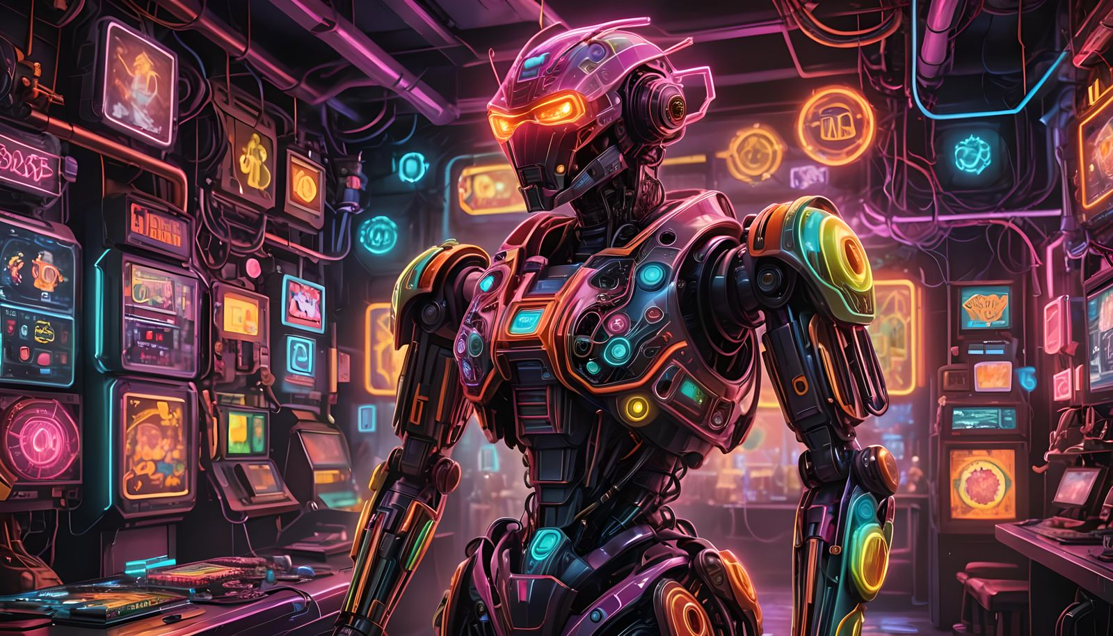 Neon Android in Deserted Nightclub: 3D Illustration