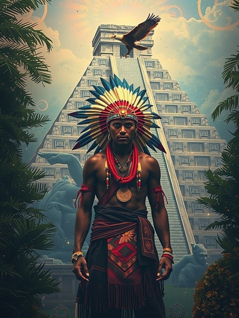 Mayan Headhunter with Eagle in Cosmic Illustration