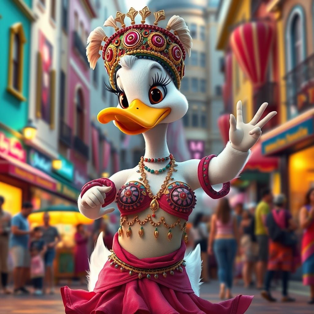 Pixar-Style Duck Belly Dancer in City Square
