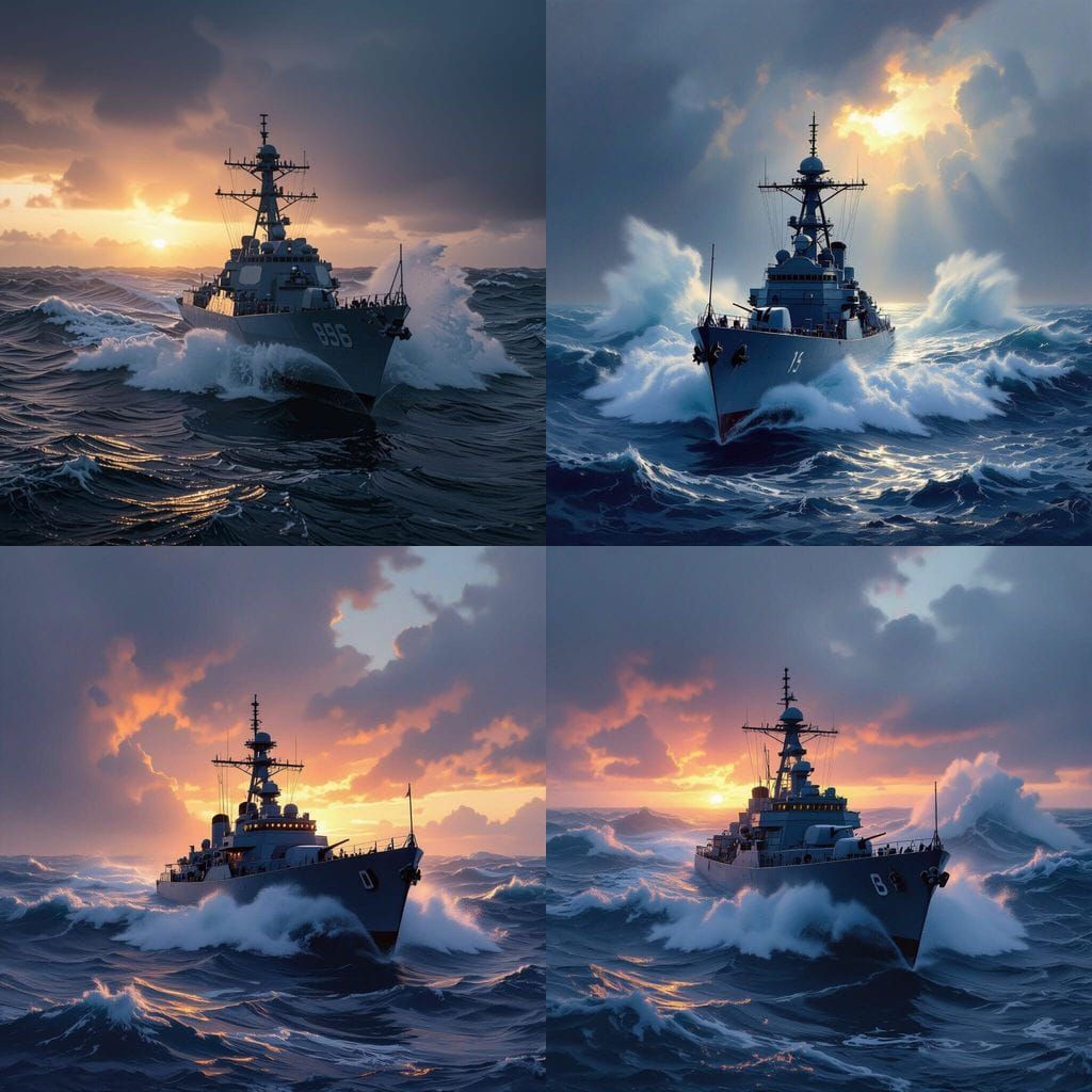Destroyer Navigates Stormy Morning Sea