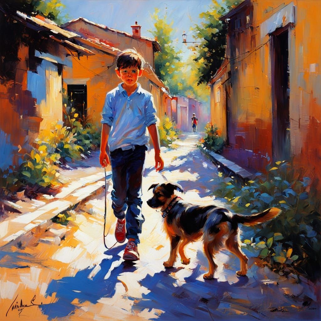 Boy Walking Dog in Vibrant Blacklight Alley