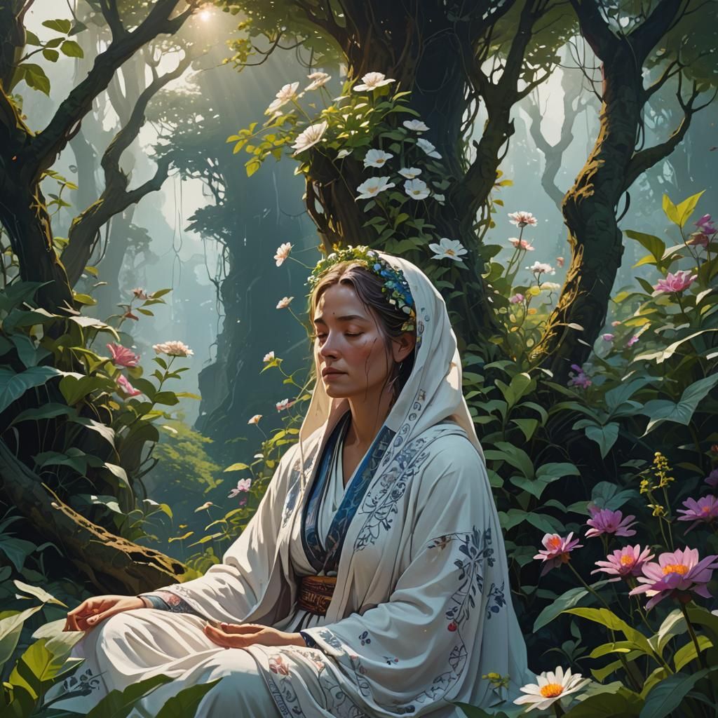 Woman Meditating in Nature: Fantasy Concept Art