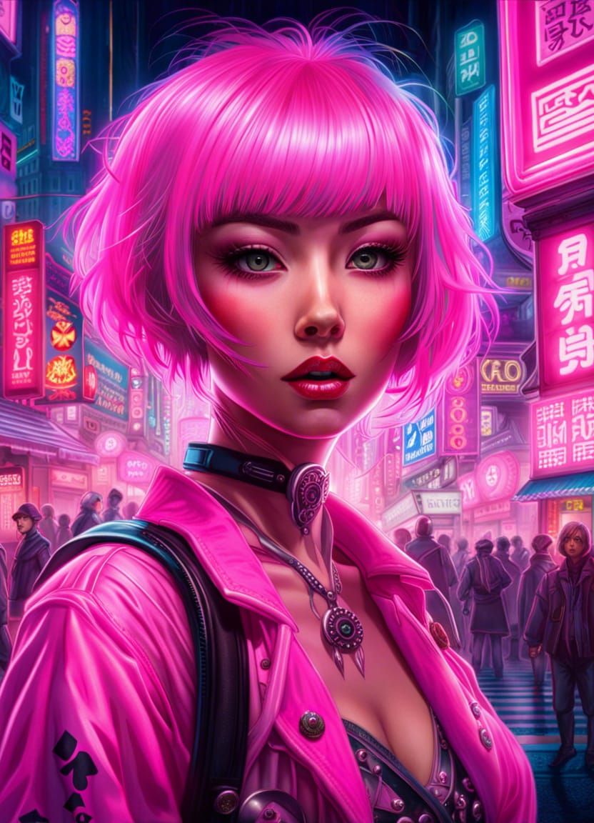 Kawaii Woman's Neon Selfie in Tokyo