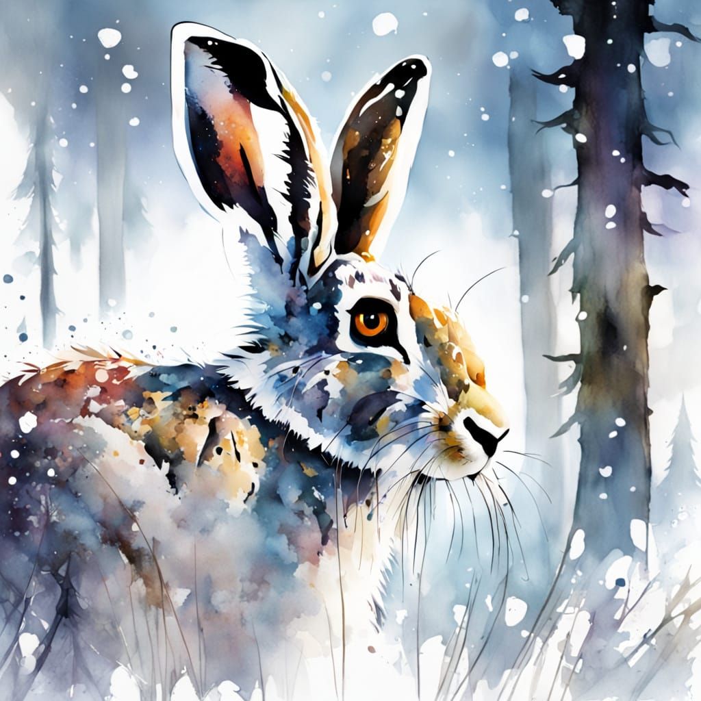 Sleepy Snowshoe Hare in Moonlit Winter Forest: Watercolour