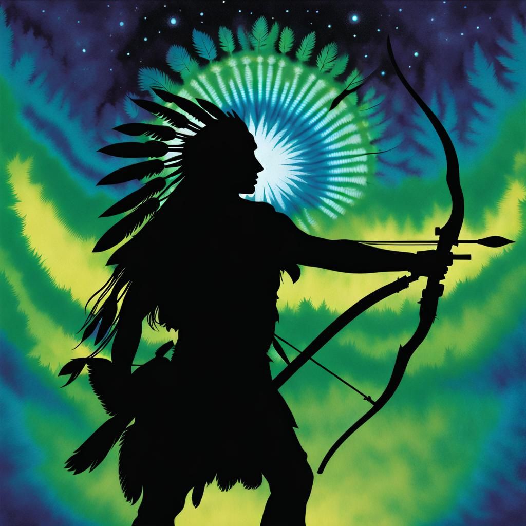 Native American Archer Silhouette Under Aurora Borealis