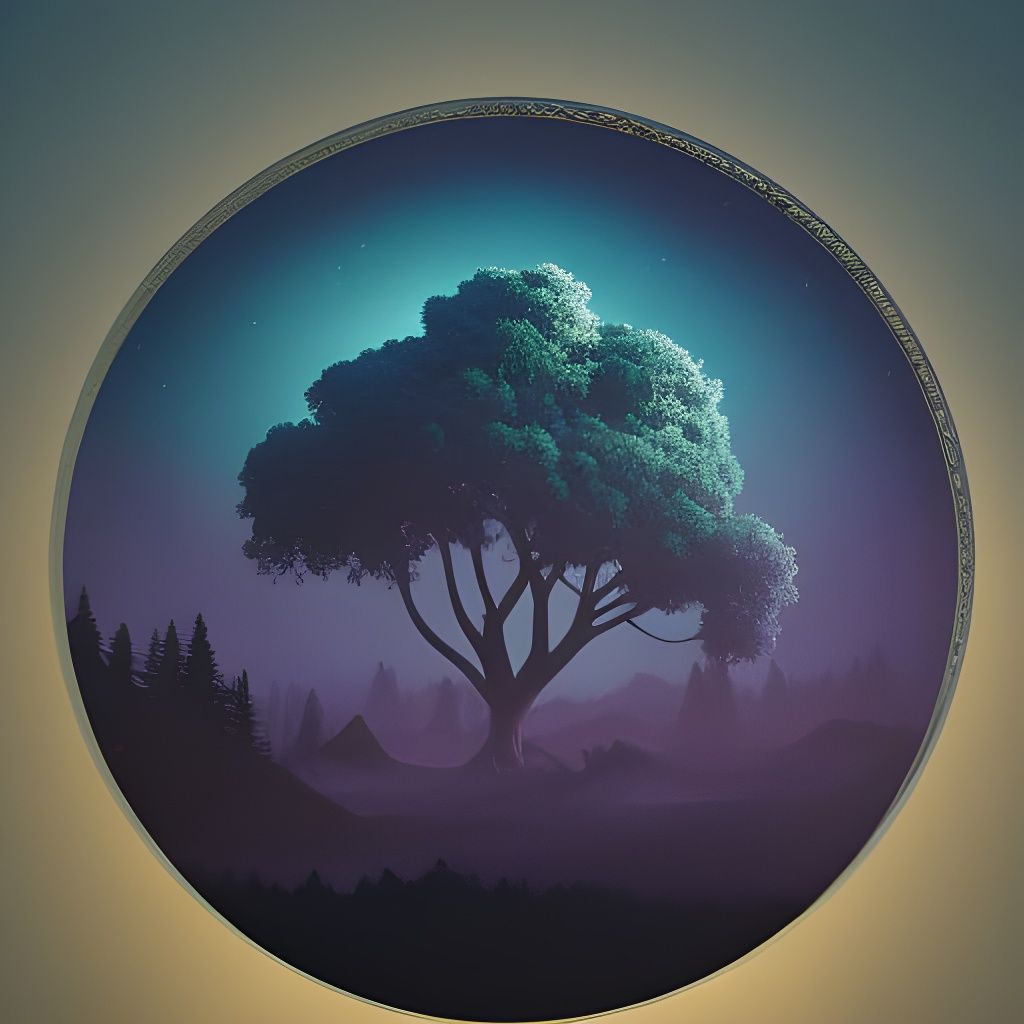 Tree Silhouette with Purple Sky and Bright Moon