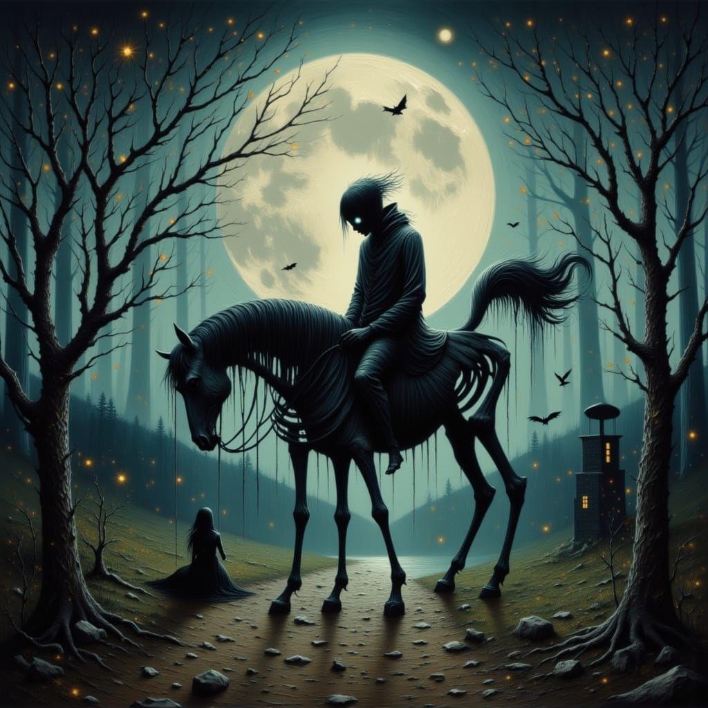Headless Highwayman on Skeletal Horse Under Ethereal Moonlig...
