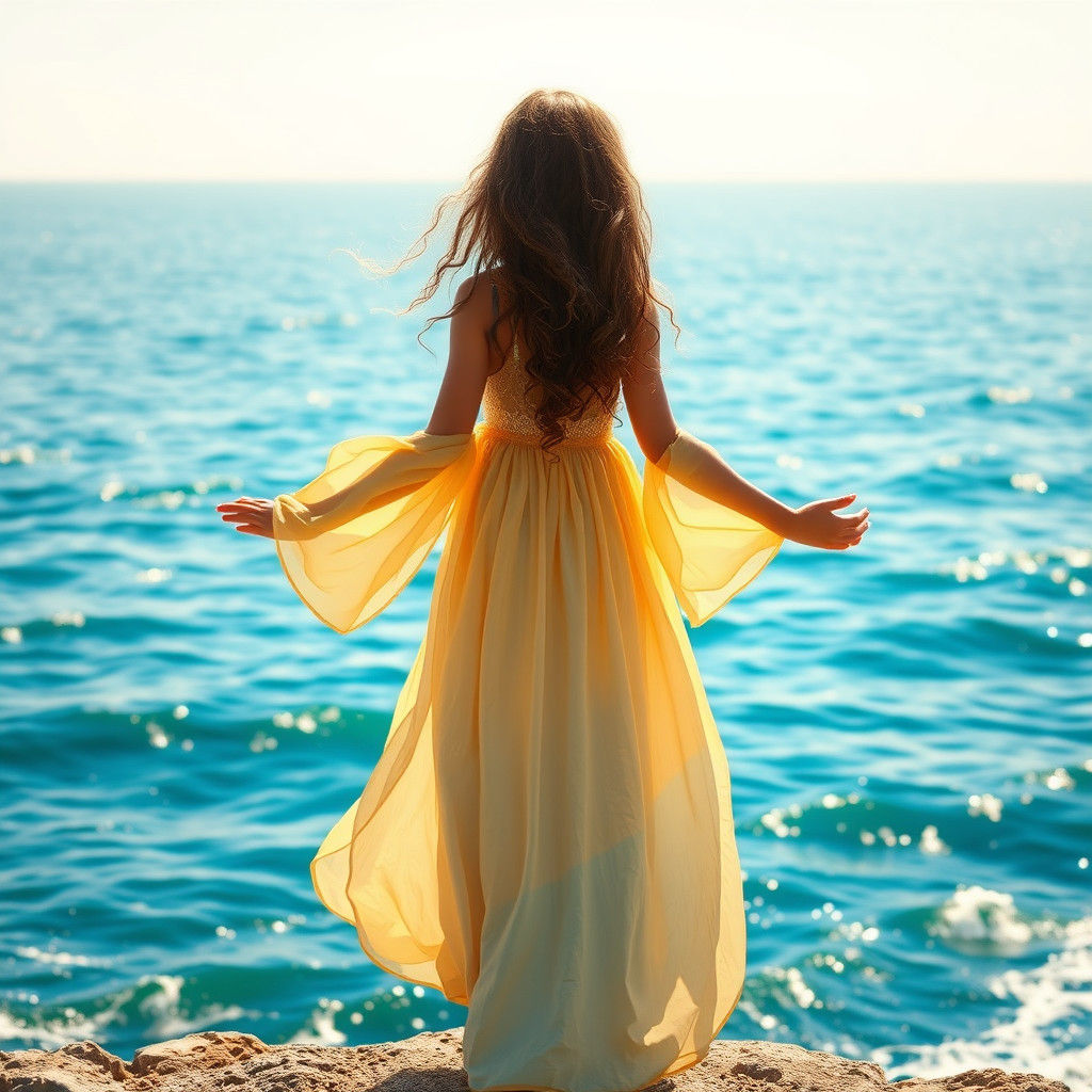 Girl Embracing Ocean Breeze: Ethereal Digital Painting