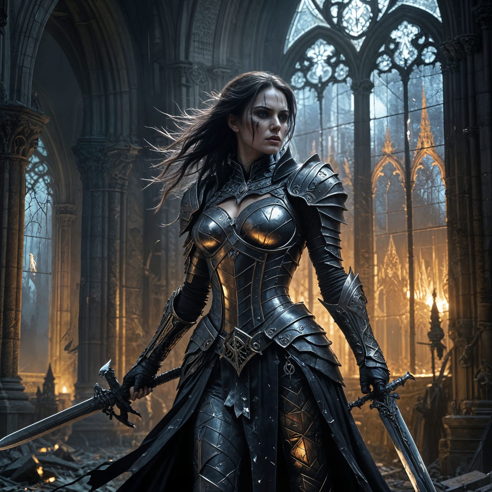 Gothic Warrior with Spectral Sword in Ruined Cathedral
