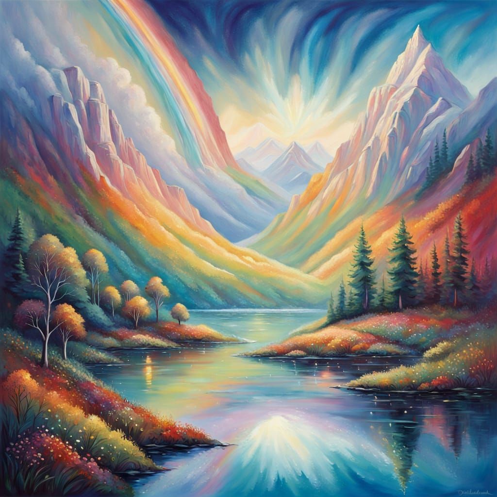 Surrealist Oil Painting of a Singing Rainbow Over Mountains