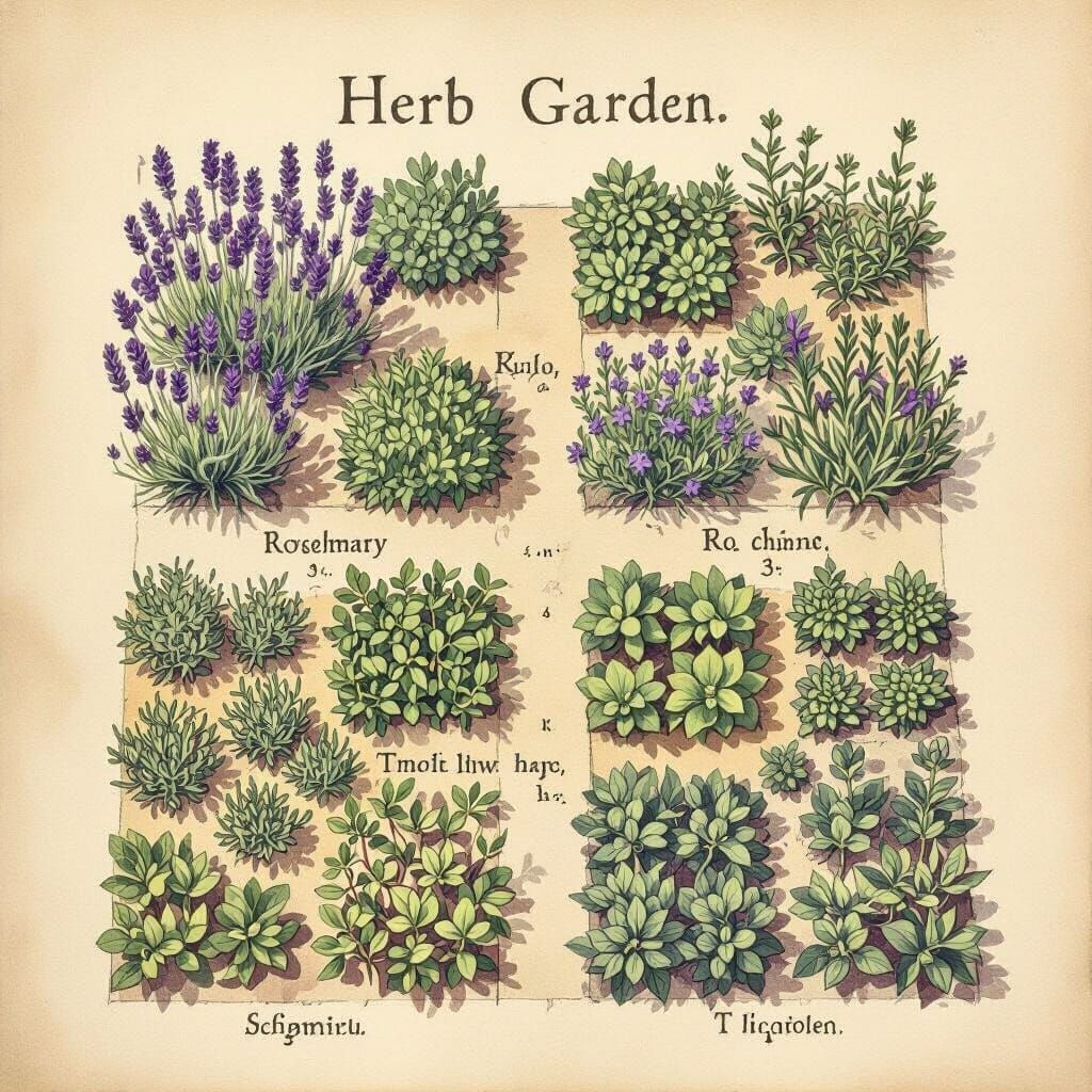 Vintage Botanical Illustration of Herb Garden