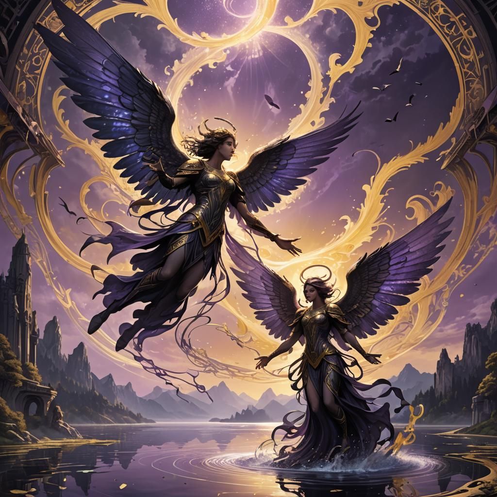 Angels Clash Above Crystalline Lake in Art Nouveau Style