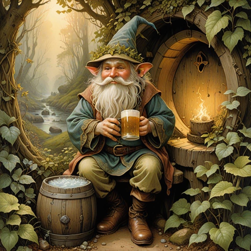 Whimsical Gnome Enjoying a Mug of Golden Ale