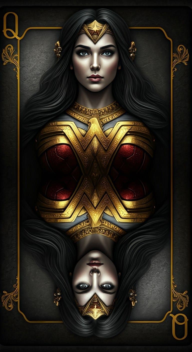 Metallic Queen Playing Card with Ornate Wonder Woman Logo