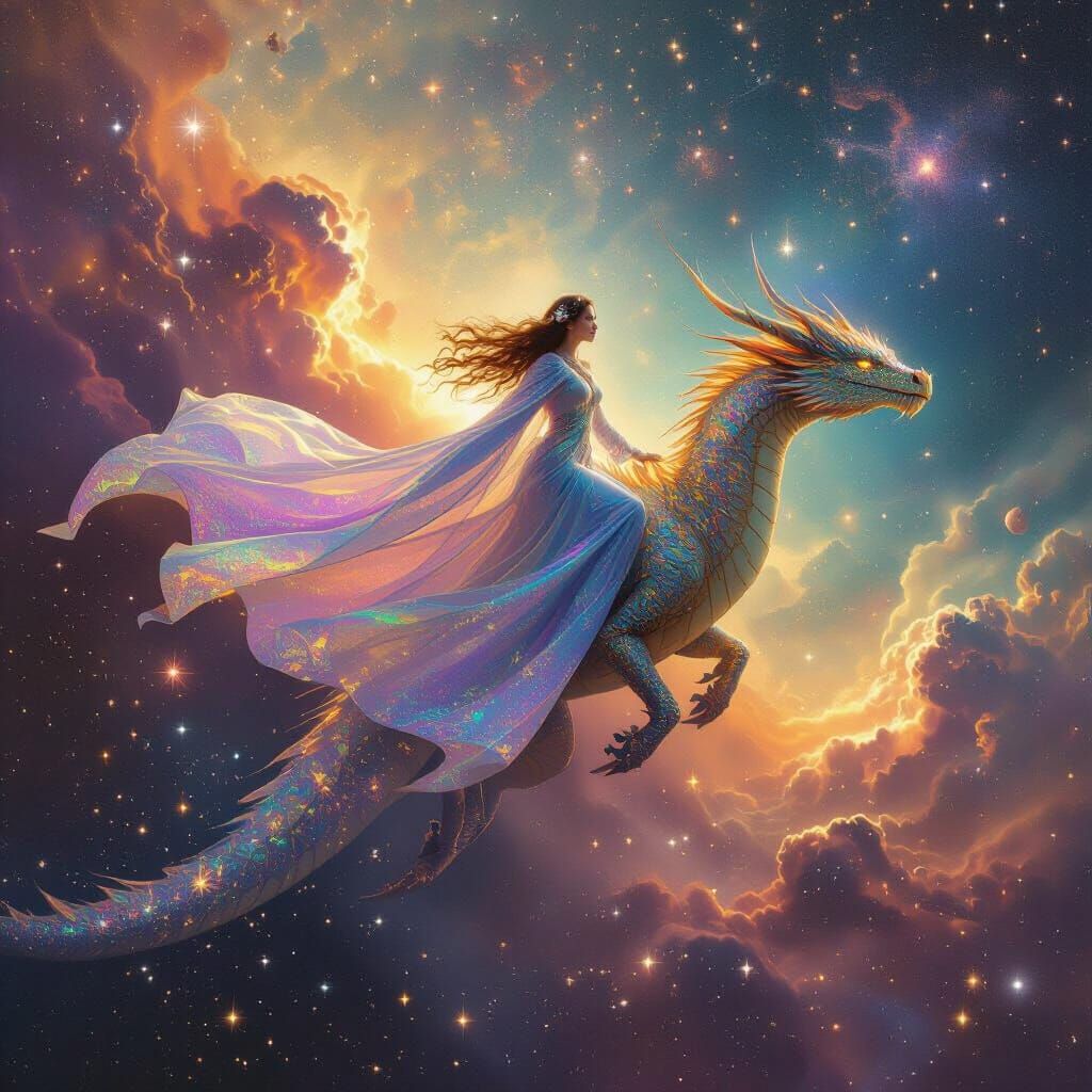 Celestial Dragon Soaring Through Nebula in Cosmic Fantasy St...