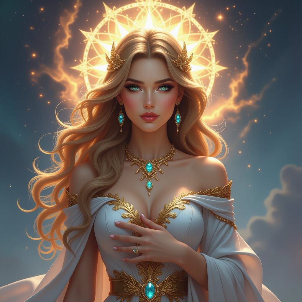 Majestic Goddess with Golden Hair in Cosmic Nebula