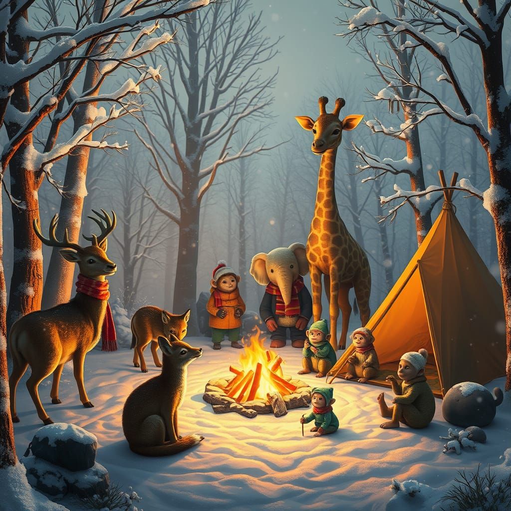 Whimsical Winter Wonderland with Animals by the Fire