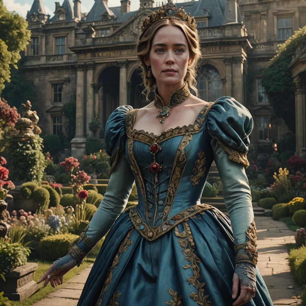Emily Blunt as Victorian Queen in Palace Garden