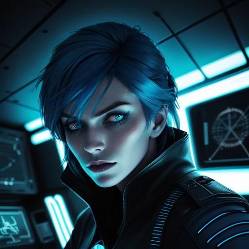 Captain Agnessa Gothica in Neon-Noir Spaceship Interior