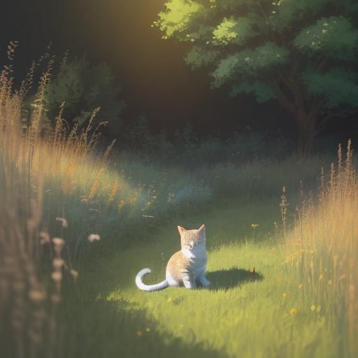 Cute Kitten Plays in Meadow: Studio Ghibli Style