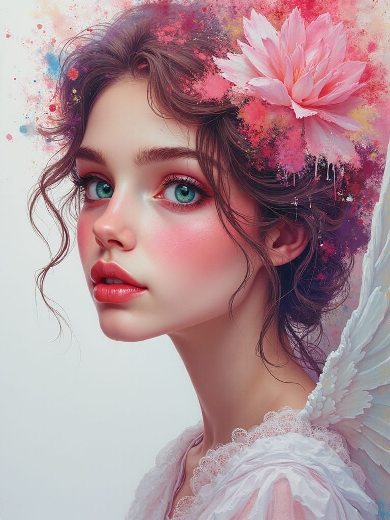 Surreal Watercolor Angel with Soft, Dreamy Eyes