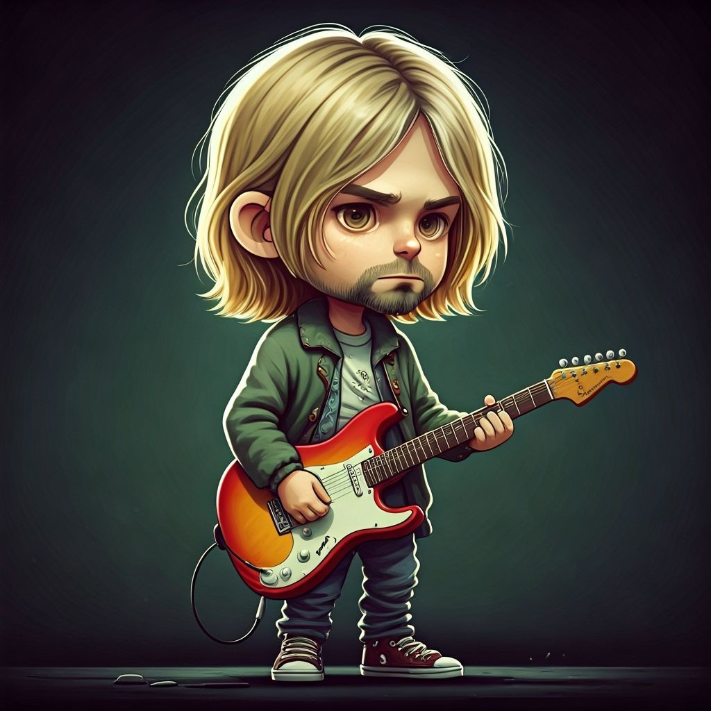 Chibi Kurt Cobain Playing Guitar in Moody Digital Art Style