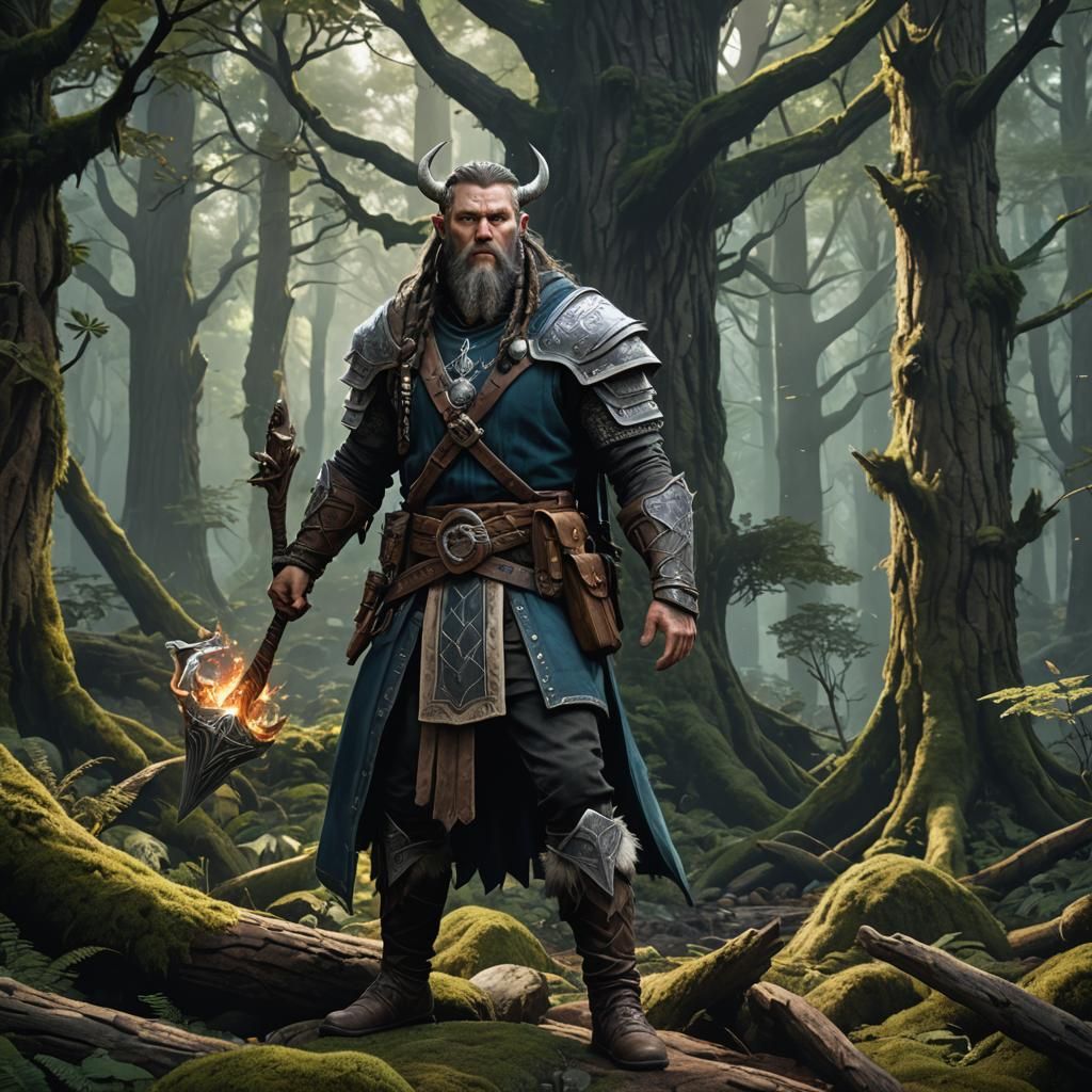 Viking Wizard in Old Growth Forest, Detailed Matte Painting