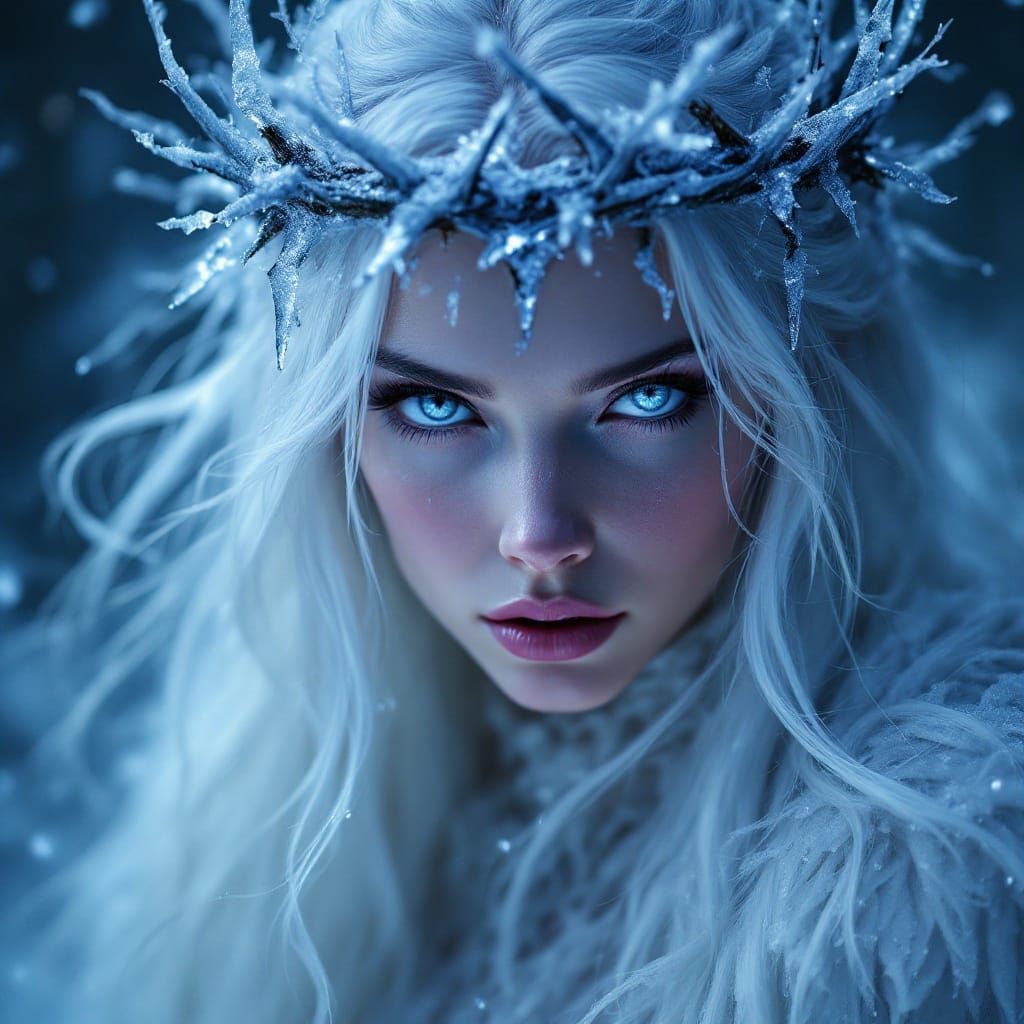 Ethereal Snow Witch with Frosty Crown and Glowing Eyes