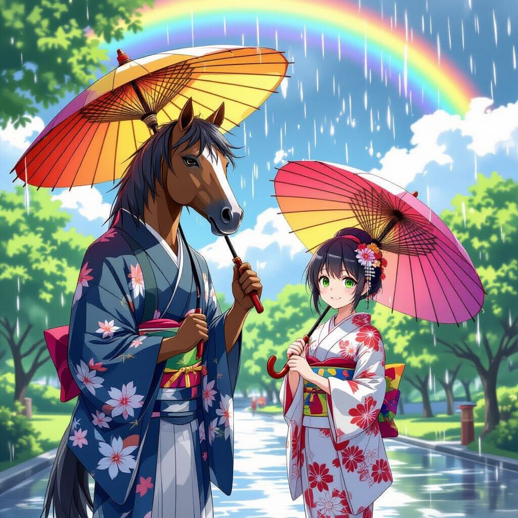 Centaur in Kimono Under Rainbow, Anime Style