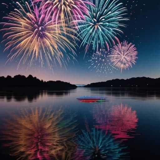 Fireworks Reflected in Calm Lake, Festive Scene