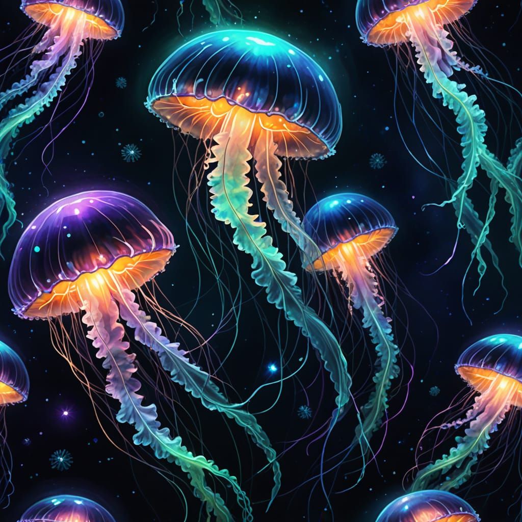 Bioluminescent Jellyfish Pulsating in Dark Ocean, Digital Pa...