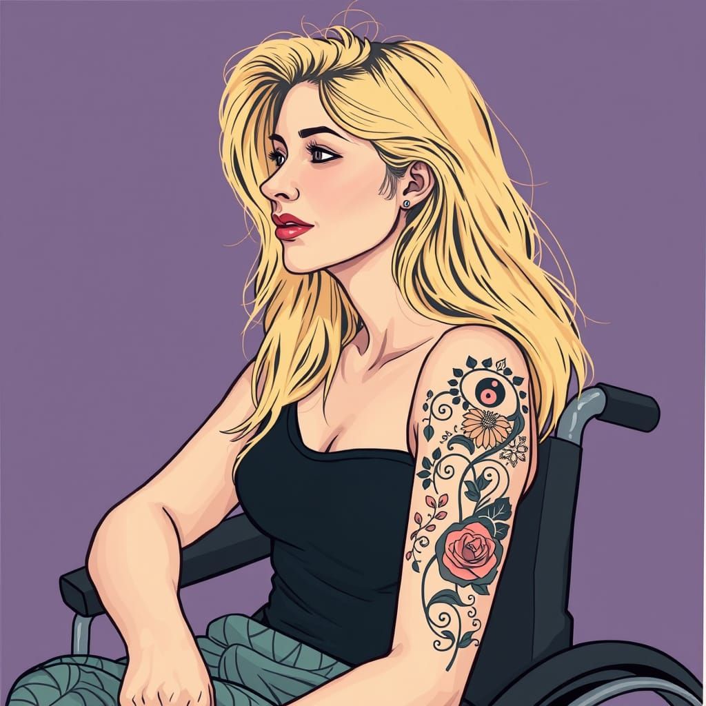 Blonde Woman in Wheelchair Adorned with 8 Tattoo Smiles Lovi...