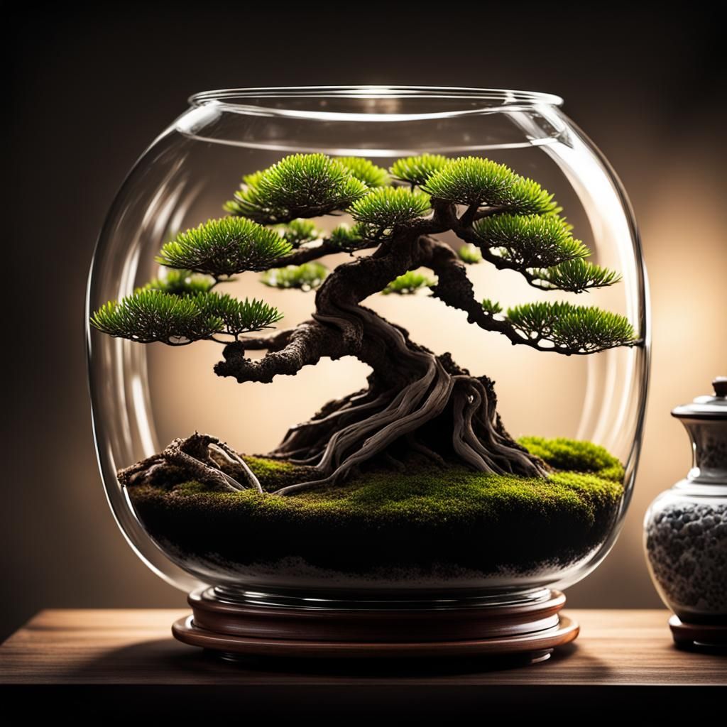 Bonsai Artistry: Miniature Tree in Glass Container