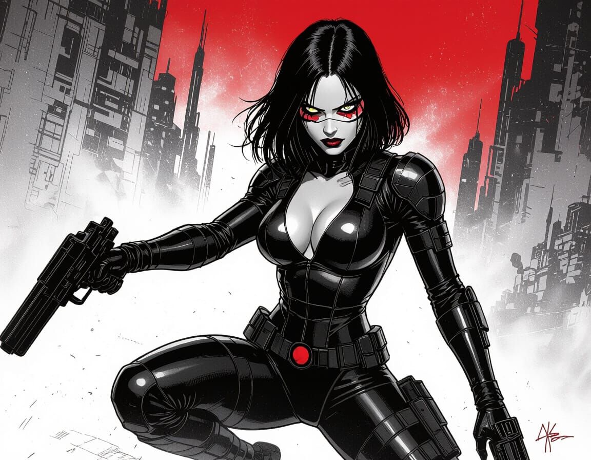 Vampirella as Alita Battle Angel in Cyberpunk Charcoal Art