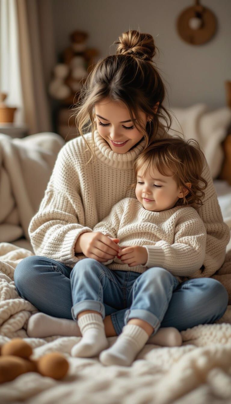 Sister Helping Sibling: 3D Rendered Interior Scene