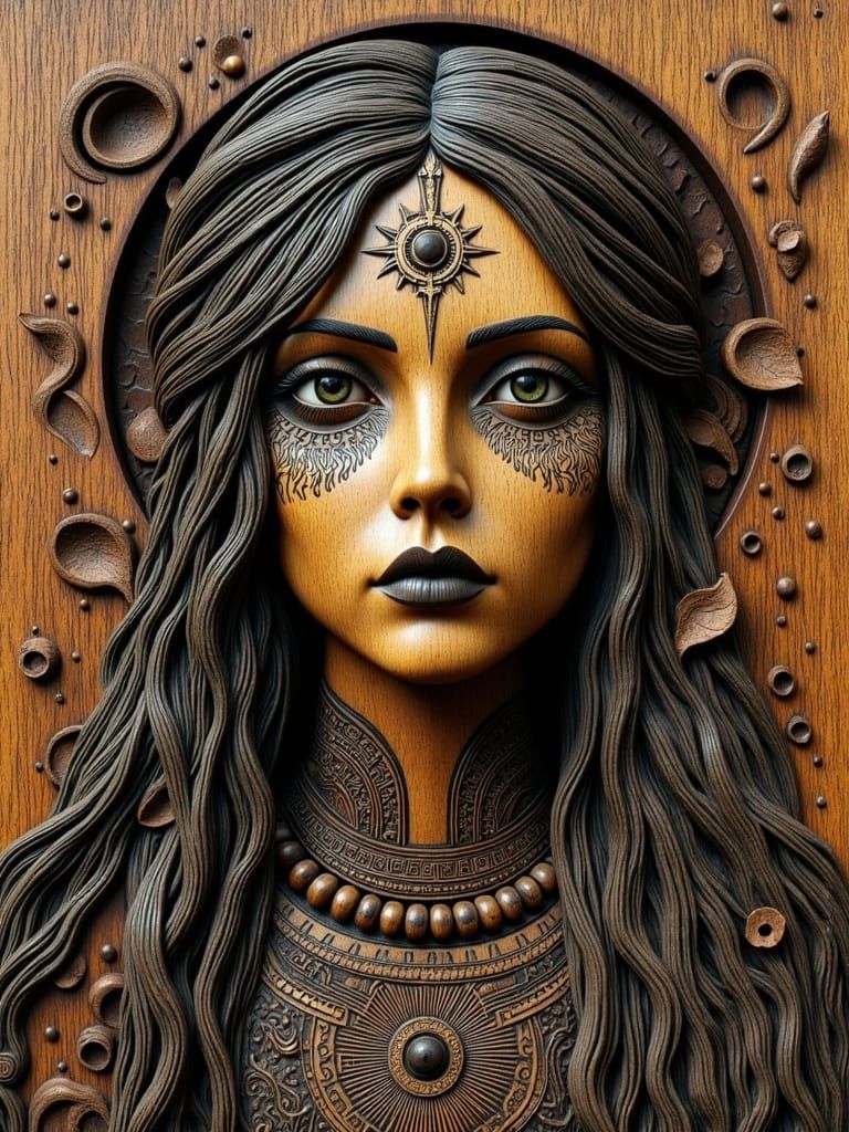 Norse Goddess of Beauty Carved in Intricate Woodcut Style